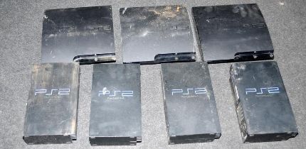 A quantity of PS2 and PS3 games consoles. No cables