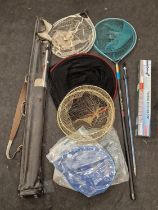 Fishing set to include cased rod, nets, reel etc.