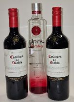 Three bottles of alcohol: 2 x Casillero del Diablo Sauvignon wine and Ciroc Red Berry flavoured
