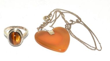 Vintage 925 silver agate heart pendant and tigers eye ring.