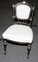 Antique ebonised wood decorative dining chair with button back upholstery and featuring Wedgwood