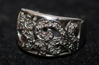 Sterling silver filigree scrolls pave ring size Q 1/2