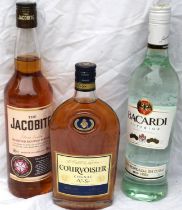 3 bottles of alcohol Bacardi, Whisky and Brandy