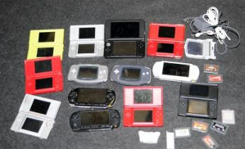 A collection of hand held computer game consoles to include PSP, Nintendo DS and Gameboy Advance.