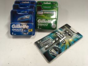 A Gillette Mach3 razor together with 3 packs of Mach 3 turbo blades and Gillette Mach 3