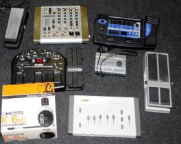 a quantity of guitar effects pedals and boards c/w vintage boxed Koss headphones