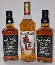 Three Bottles of alcohol: 2 x Jack Daniel's Tennessee Whiskey and Captain Morgan Original Spiced