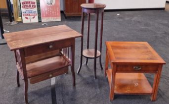 3 items misc furniture to include Edwardian Torchiere, small lamp table and a square single draw