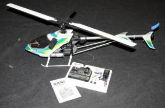 Hirobo Shuttle Sceadu 50 remote control helicopter c/w petrol driven motor and Sanwa 6 channel