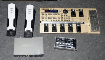 Collection of guitar effects pedals and boards