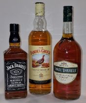 Three bottles of alcohol: Jack Daniel's Tennessee Whiskey, The Famous Grouse Scotch Whisky and Three