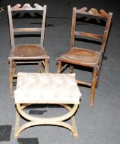 Pair of vintage oak chairs together with a fabric covered foot stool (3).
