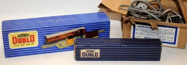 Vintage Hornby Dublo blue stripe box TPO Mail Van Set and D20 Composite Restaurant Car Western