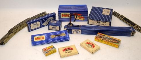 A collection of vintage Hornby Dublo blue stripe box track and trackside accessories, mostly boxed