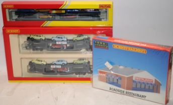 Hornby OO gauge R276 Roadside Restaurant c/w R6397 and R6423 car transporters. All boxed