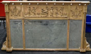 Vintage three panel gilt framed mirror decorated with classical figures 121x70cm.