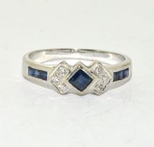 9ct white gold ladies deco style sapphire ring size N