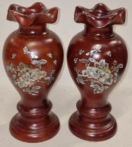 Pair of contemporary hardwood vases with decorative mother of pearl inlay to front each 30cm tall.