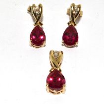9ct gold Diamond and Ruby suite of jewellery (Earrings and pendant)