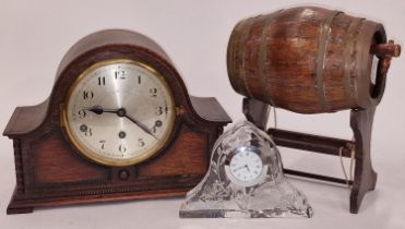 Vintage Westminster Chime mantel clock together with a Stuart Crystal glass clock and a wooden
