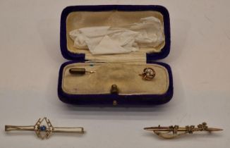 Collection of gold stick pin brooches to include a 15ct Edwardian example (3).