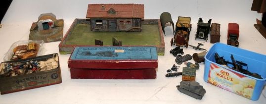 Collection of vintage toys including pre-war examples. Includes Elastolin composite farm yard,