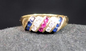 18ct gold Diamond, Ruby and Sapphire ring size P