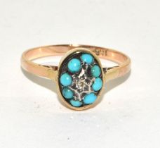 Antique 9ct gold Dome design diamond and Turquoise ring size N