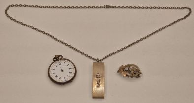 Collection of silver items to include ingot necklace, brooch and pocket watch (3).
