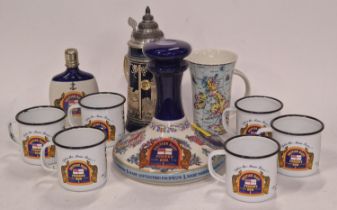 British Navy Pusser's Rum ships decanter together with hip flask and six metal cups. Lot also