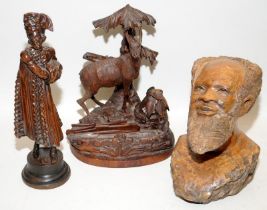 Collection of vintage carved wood items to include a Black Forest pen stand and ink well featuring a