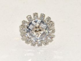 Huge Harlequin bacetted CZ 925 silver cluster ring Size P 1/2.