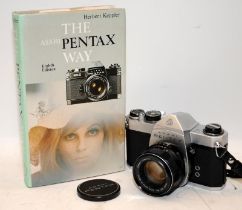 Vintage Asahi Pentax SP500 35mm film SLR camera c/w Asahi Super-Takumar 1:2 55mm prime lens. In