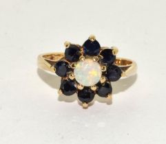 Vintage 9ct gold Opal and Blue sapphire cluster ring size N