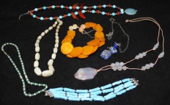 Collection of natural stone bracelets and necklaces to include Turquoise, blue lapiz, moonstone some