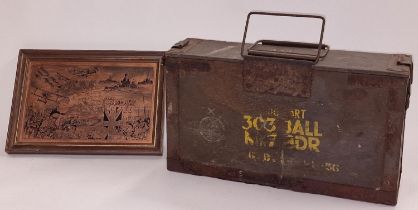 Wooden ammunition box together with a brass framed World War 1 plaque.