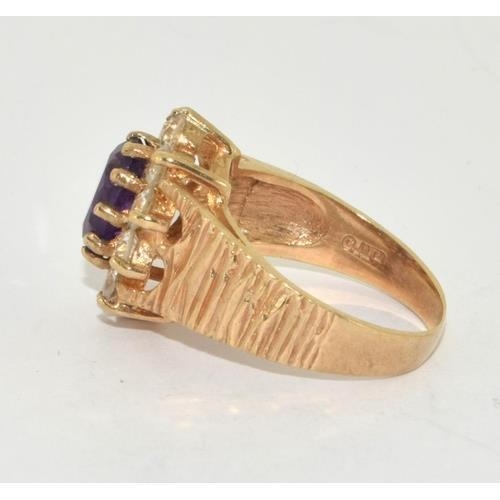 9ct gold ladies antique set Amethyst ring in the halo style with bark effect shank size M 3.8g - Image 2 of 5