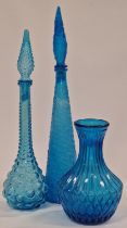 Vintage blue hobnail Italian glass decanter together with another blue glass decanter and blue glass