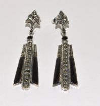 Pair silver and Onyx Marcasite Deco style drop earrings