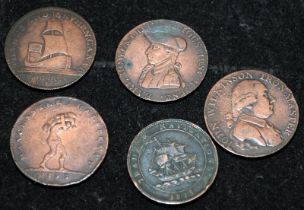 Antique Coins: 1795 Gloucestershire Brimscombe Port Thames Severn Canal Half Penny Token c/w 4 Other