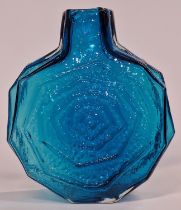 Whitefriars Geoffrey Baxter Kingfisher Blue Banjo glass vase 1960's 32cm tall.