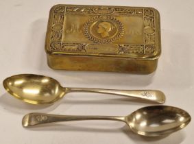 WW1 Queen Mary empty Christmas tin 1914 together with a pair of King George gilded spoons.