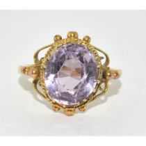 9ct gold ladies oval Amethyst in an ornate bezel setting solitaire statement ring size M