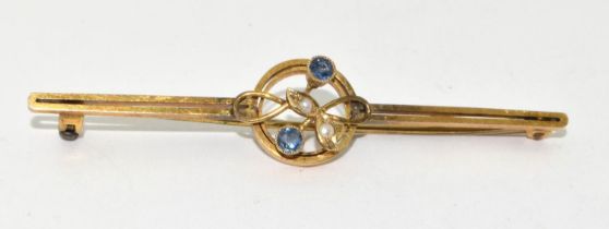 9ct gold Tanzanite and Seed Pearl tie pin/brooch 57mm long 2.7g