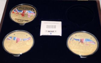 3 x Large gold plated with added colour commemoratives relating to VE Day. Each one is 110g and 70mm