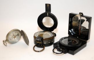 3 x Military compasses, Two WWII era c/w an earlier possibly WWI example