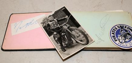 Vintage Speedway autograph book c/w a vintage card Poole Pirates swing tag