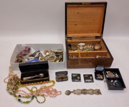 Two boxes containing a collection of costume jewellery, watches and some coins.