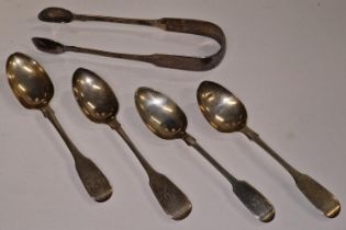 Four silver hallmarked teaspoons together with a silver hallmarked pair of sugar tongs 102g total