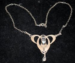 White metal (unmarked) Art Nouveau pendant and chain with cabochon moonstones. Poss. Murrle Bennett.